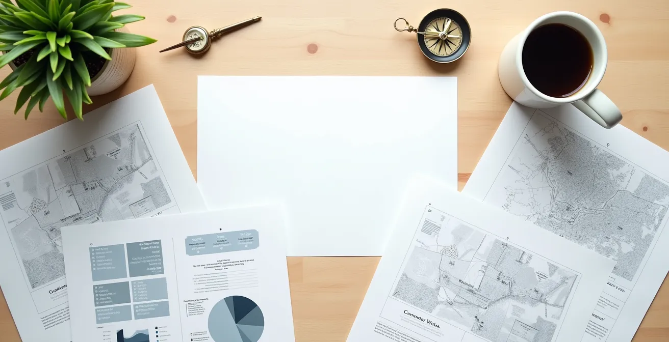 Vue d'ensemble d'un bureau avec graphiques de marché immobilier et cartes de quartiers sur table en bois