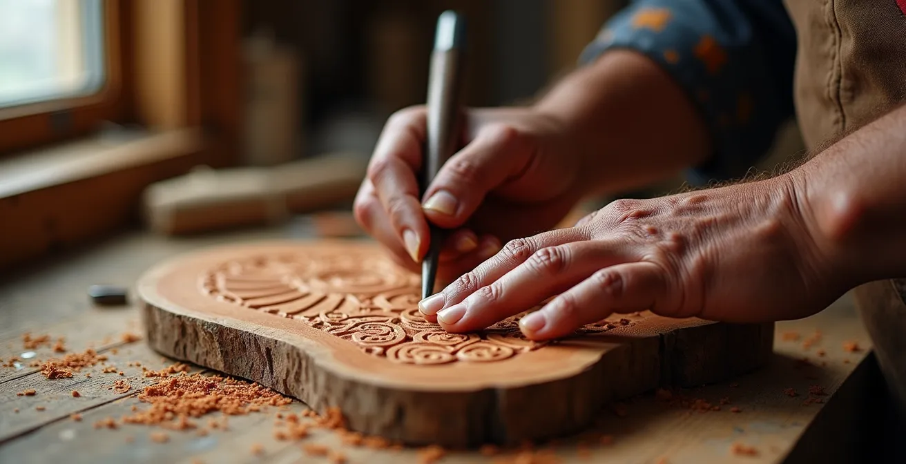 Mains d'artisan autochtone travaillant le bois de cèdre selon les techniques ancestrales