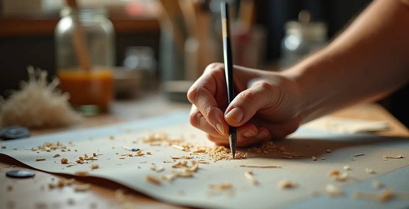 Atelier d'artiste québécois montrant le processus de création d'une œuvre unique avec outils et matériaux