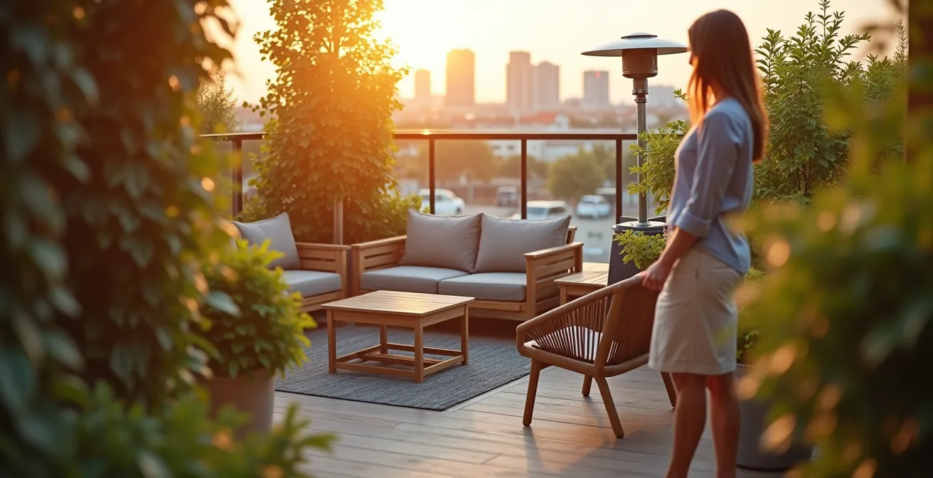 Balcon aménagé avec mobilier pliable et jardinage vertical dans un condo canadien