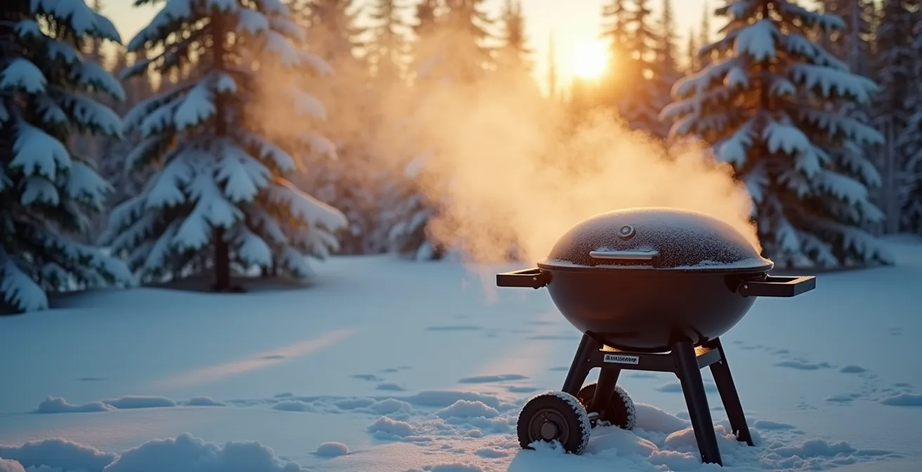 Barbecue extérieur fumant dans un jardin enneigé canadien au crépuscule
