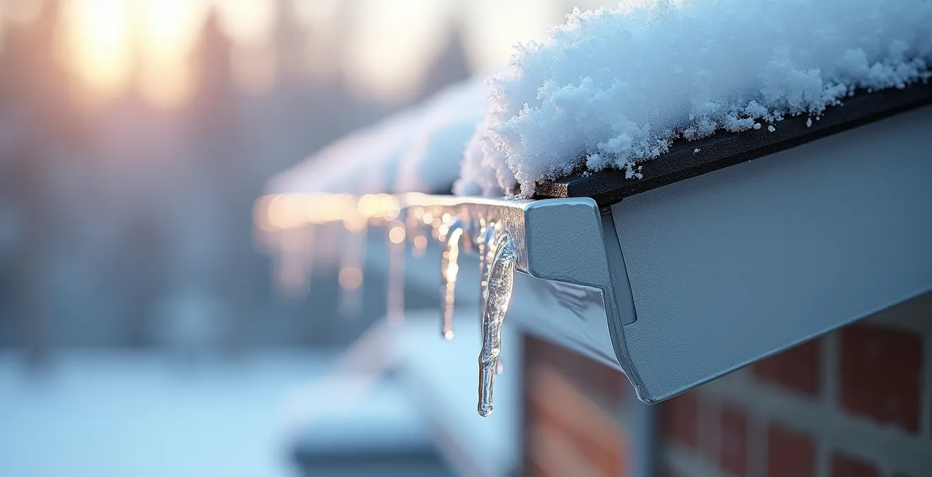 Vue macro d'une gouttière avec formation de glace illustrant le processus de barrage