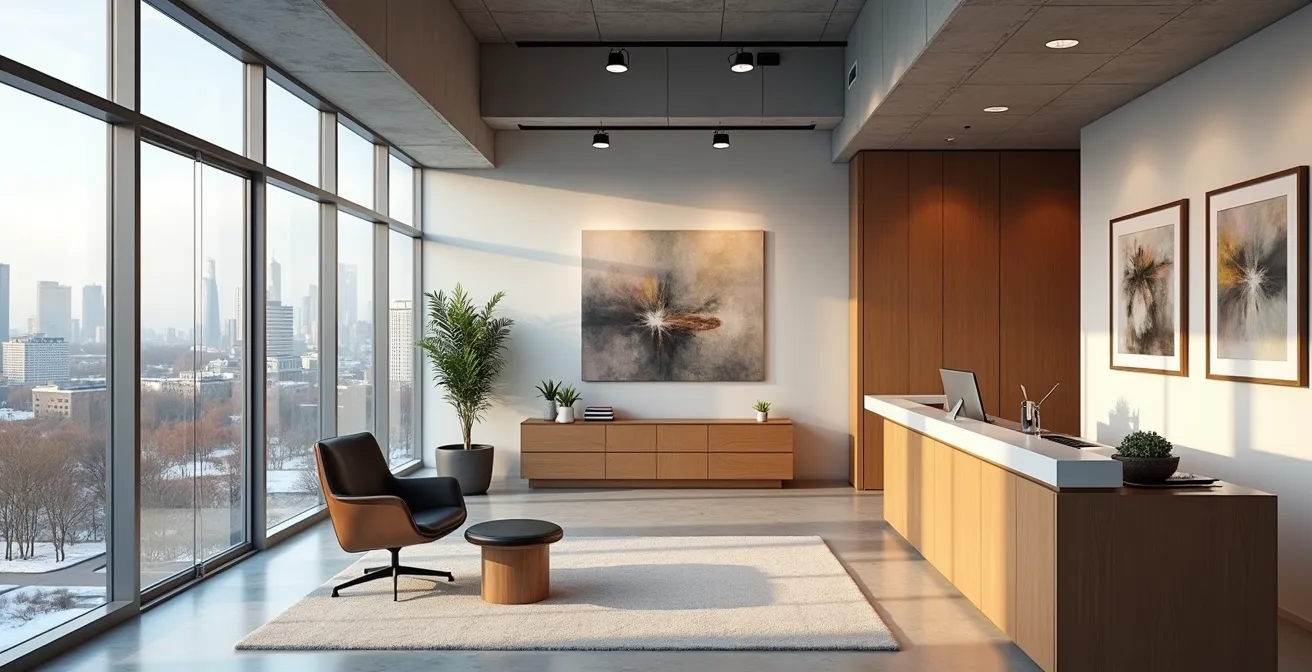 Espace de bureau moderne québécois avec collection d'art local exposée stratégiquement sur les murs