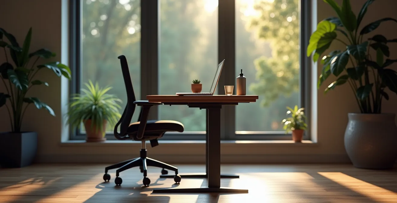 Bureau ajustable assis-debout dans un espace de travail à domicile moderne avec vue sur la nature