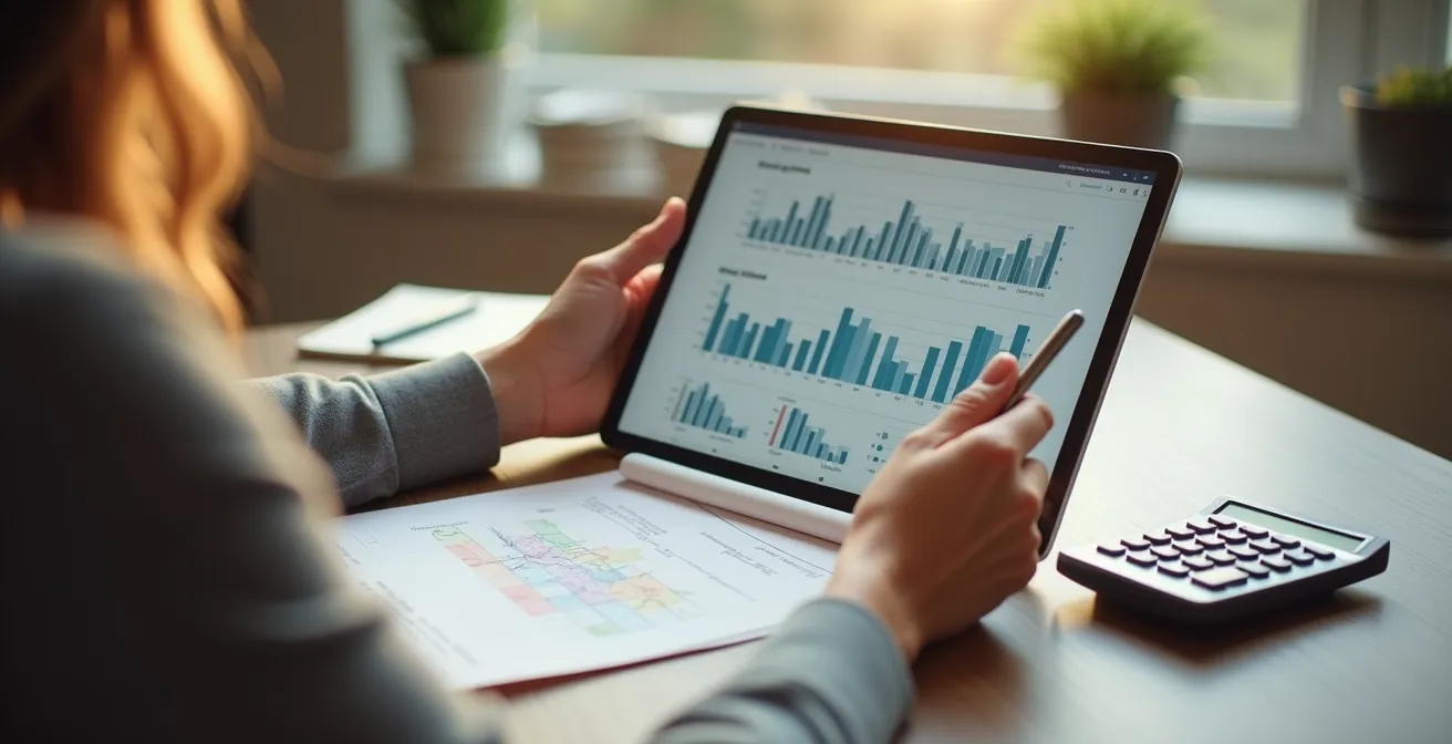 Bureau minimaliste avec calculatrice, graphiques de croissance et carte de transport en arrière-plan