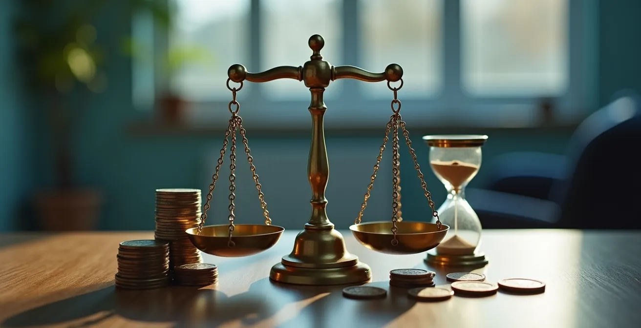 Vue symbolique d'une balance équilibrant temps et argent dans le contexte médical