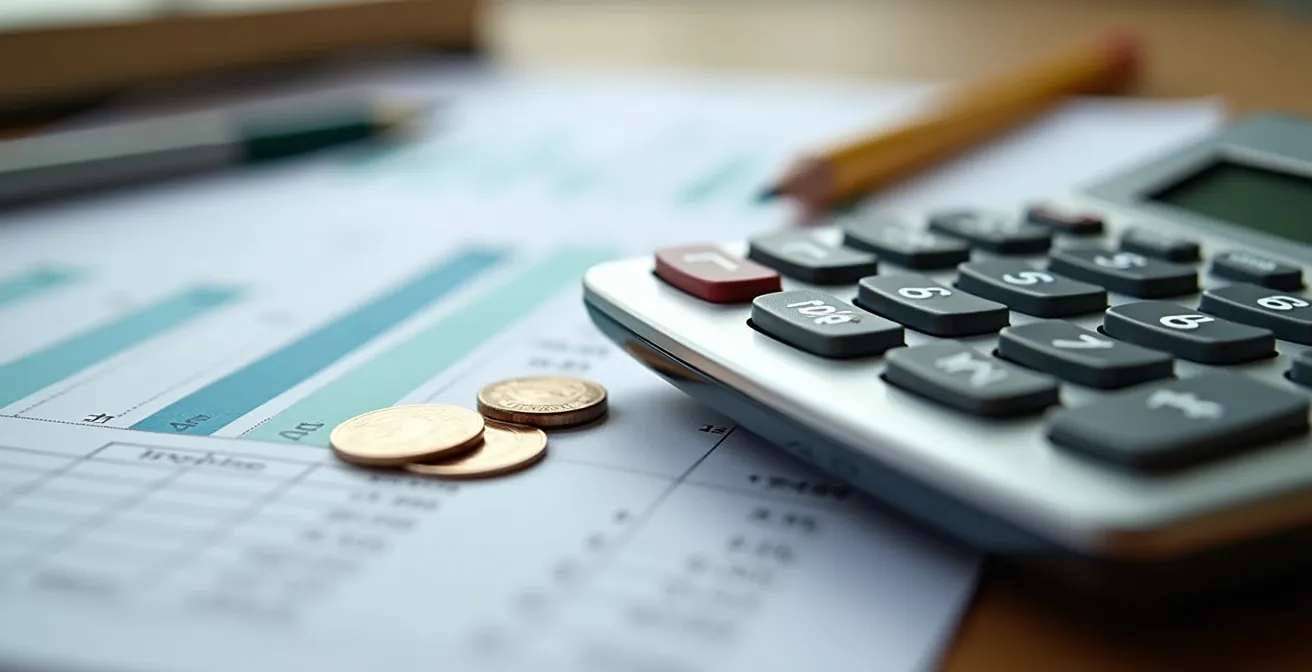 Gros plan sur une calculatrice et des documents financiers avec des graphiques, représentant l'analyse budgétaire immobilière
