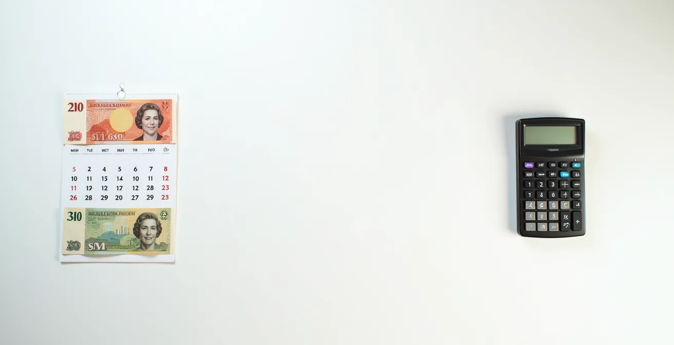 Vue aérienne d'un calendrier avec des billets canadiens et une calculatrice montrant la répartition des taxes