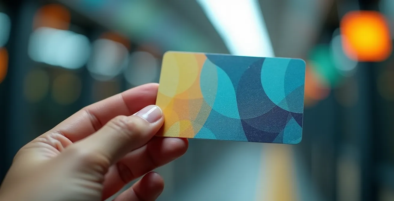 Main tenant une carte OPUS avec représentation abstraite des zones tarifaires en arrière-plan flou