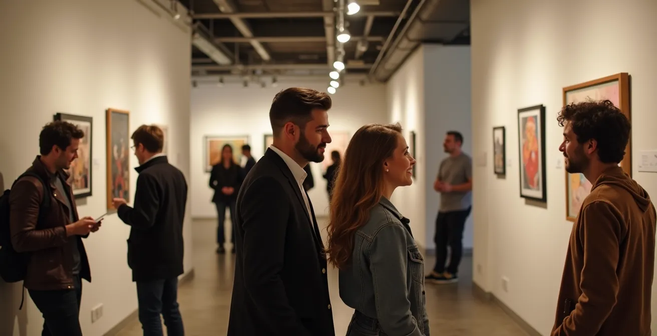 Vue intérieure d'un centre d'artistes autogéré montréalais pendant un vernissage avec visiteurs observant des œuvres contemporaines