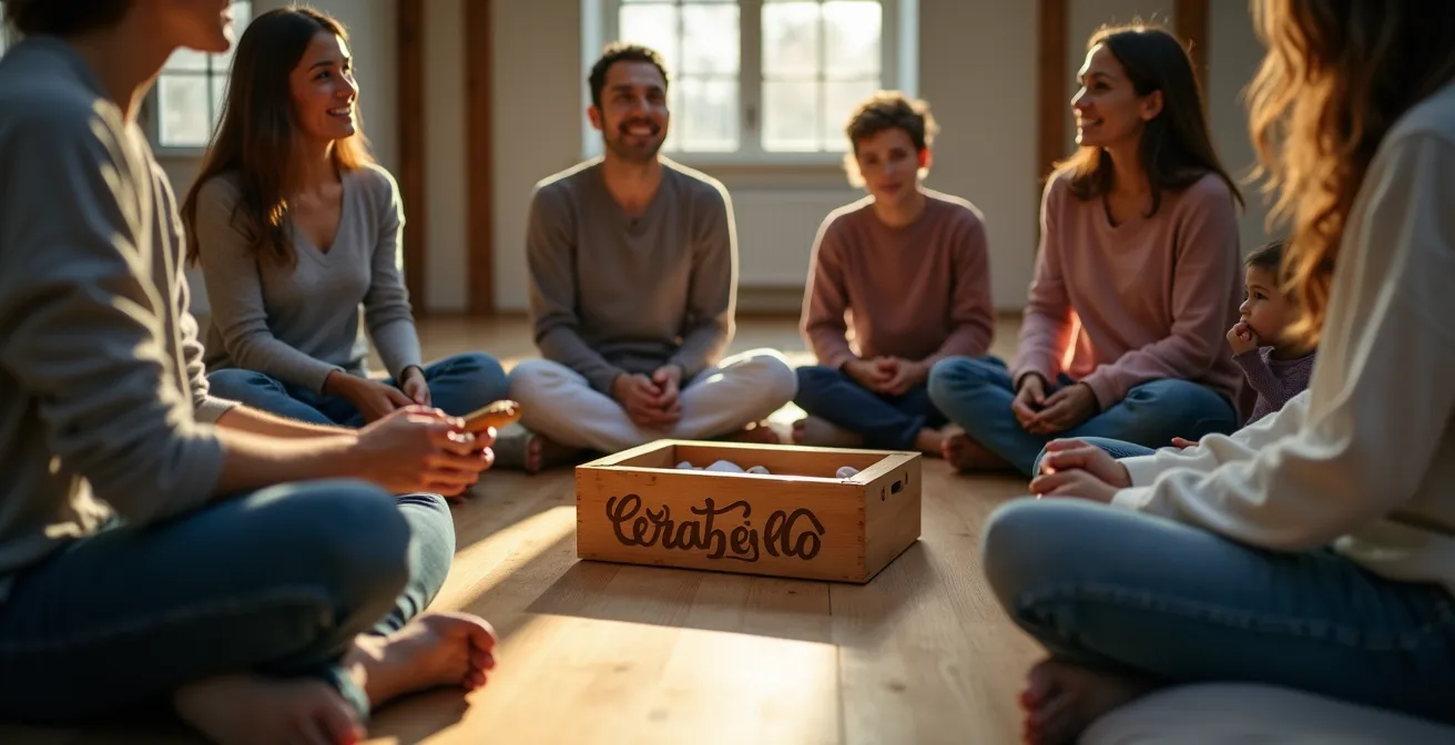 Famille assise en cercle dans un salon avec une personne tenant un objet symbolique comme bâton de parole