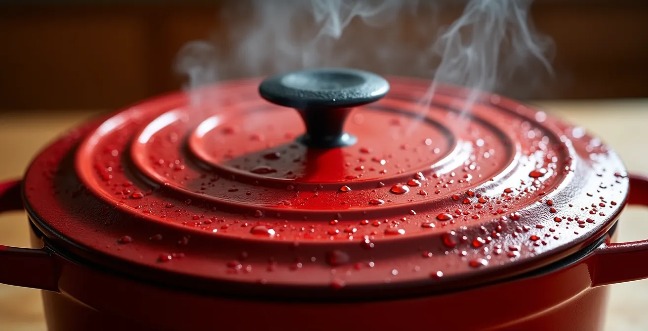 Cocotte en fonte émaillée rouge avec couvercle, vapeur s'échappant doucement