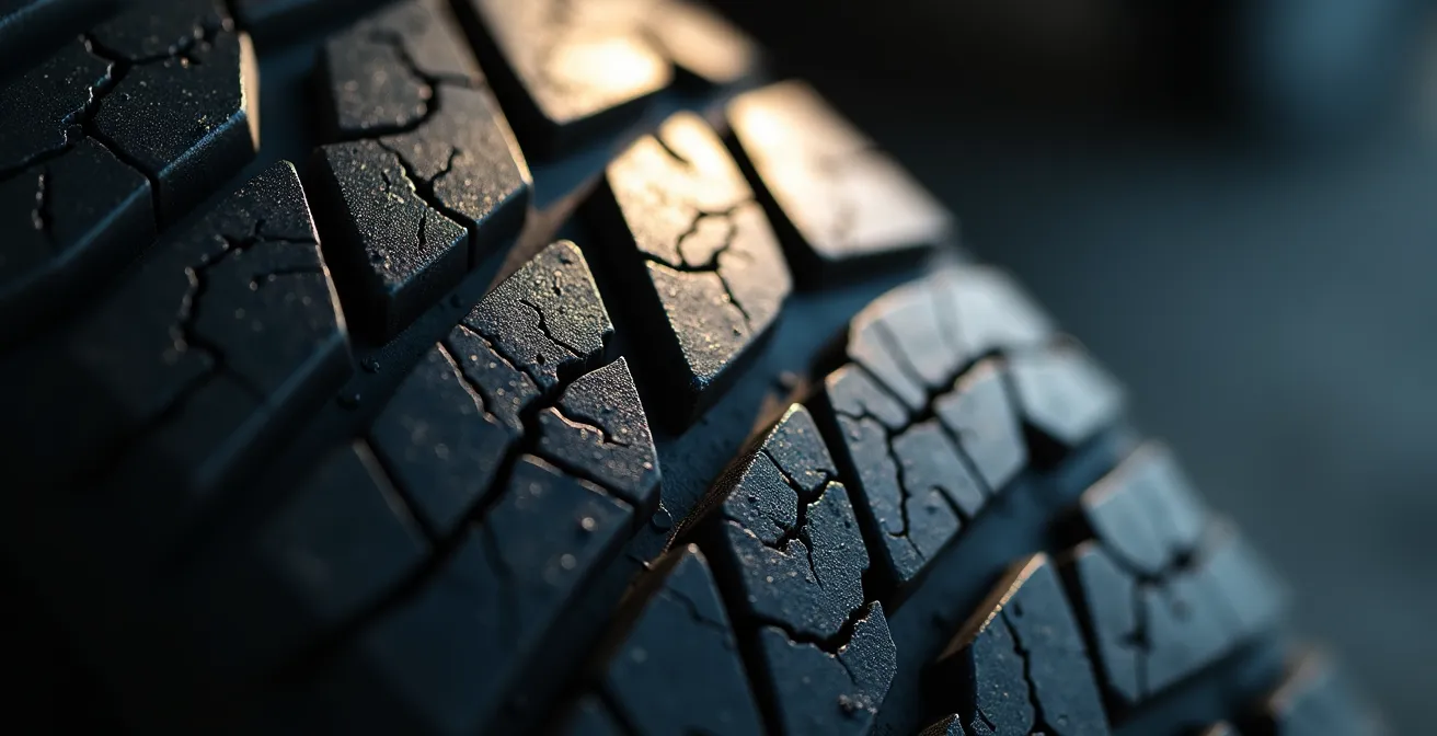 Gros plan macro sur le code DOT d'un pneu montrant les détails de fabrication