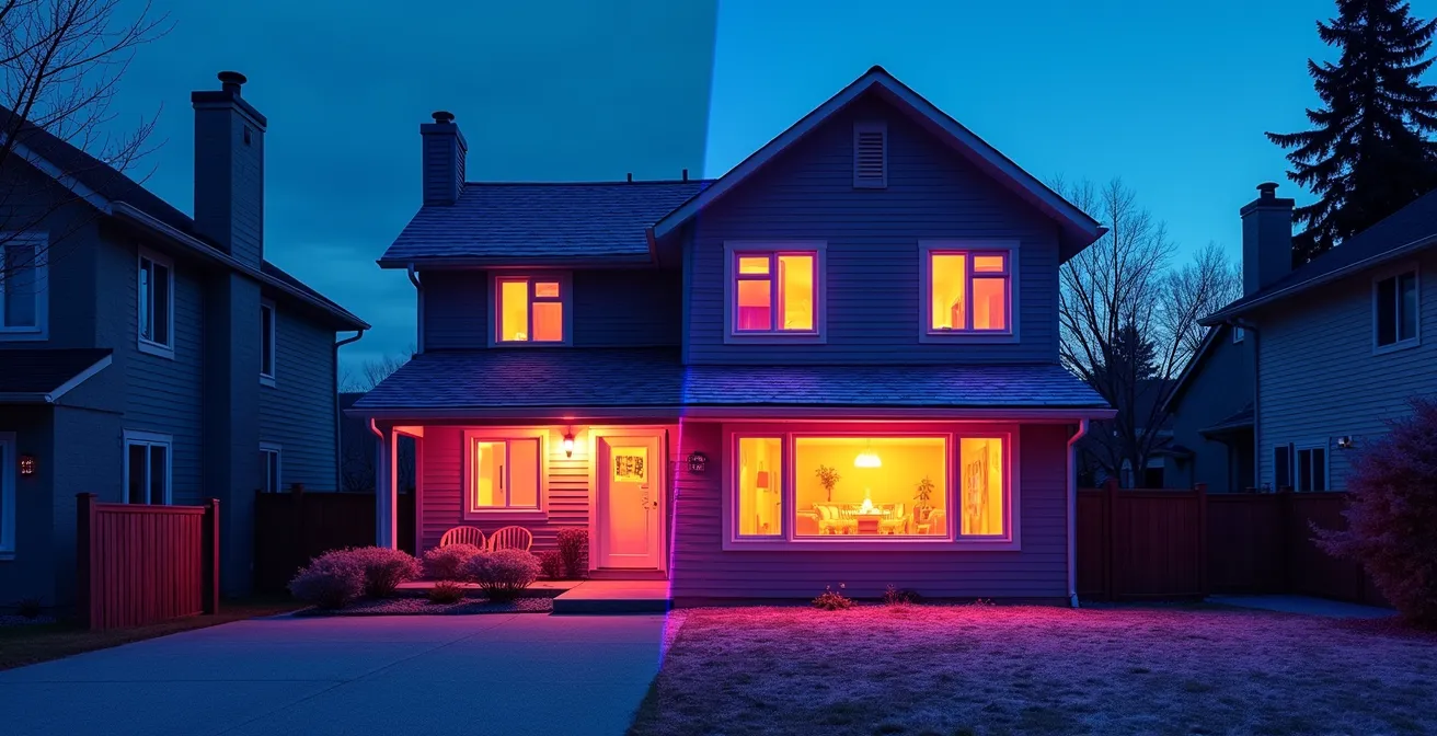 Vue thermographique comparative d'une maison montrant les zones de déperdition de chaleur au niveau du toit et des fenêtres