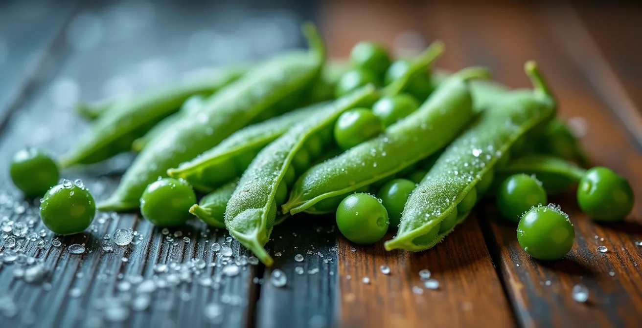 Légumes surgelés canadiens dans leur emballage givré à côté de légumes frais locaux sur une surface en bois