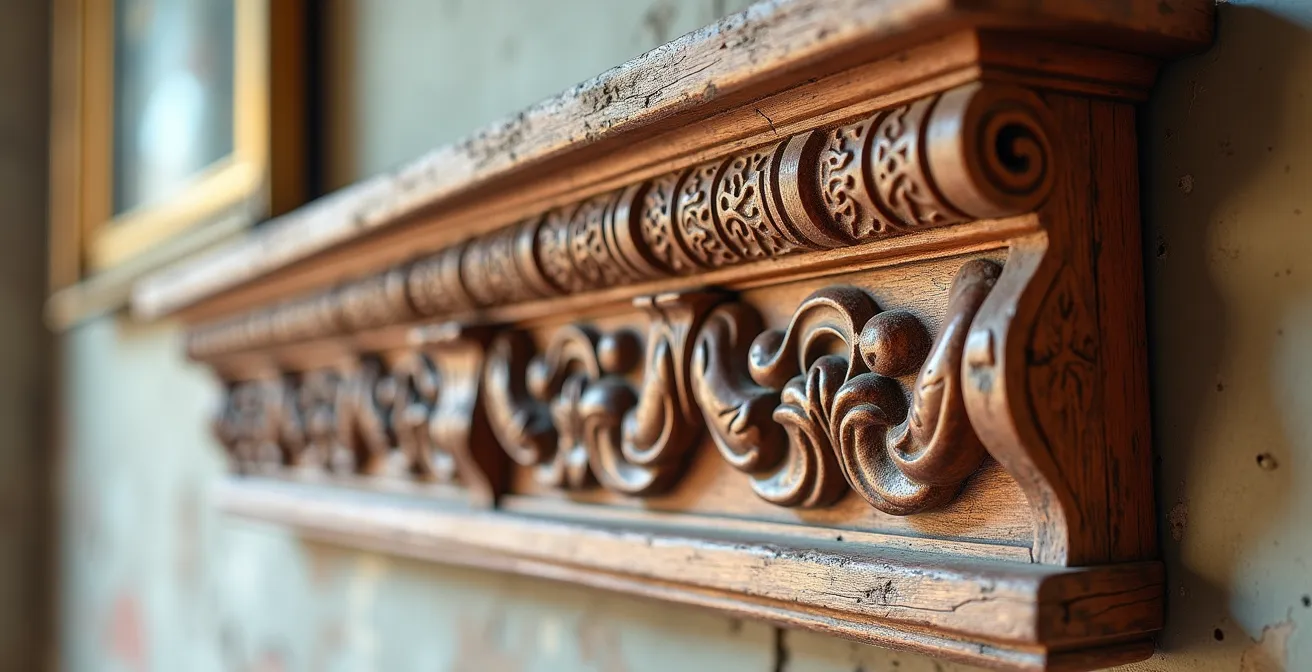 Gros plan comparatif montrant la richesse des détails d'une moulure victorienne originale sculptée à la main