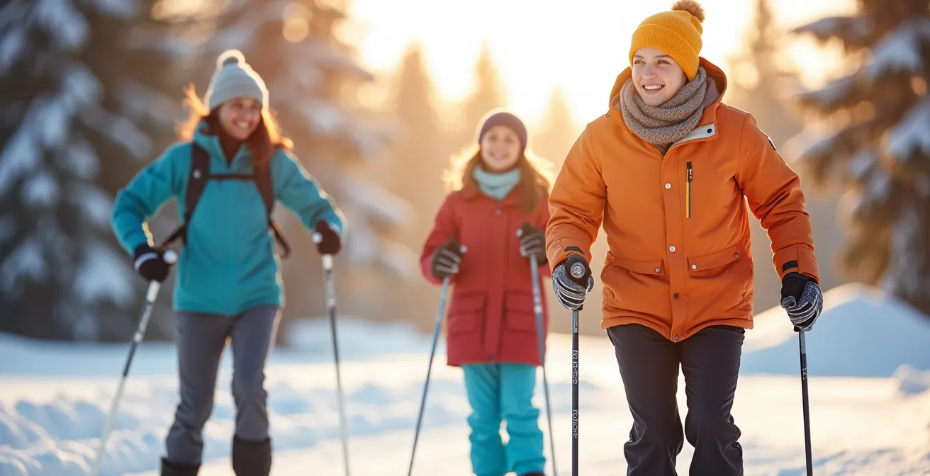 Trois personnes pratiquant différents sports d'hiver côte à côte dans un paysage canadien enneigé