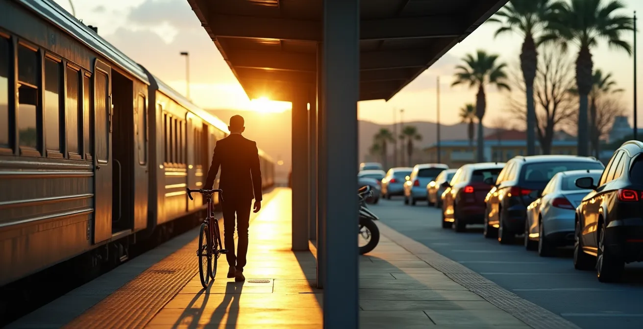 Voyageur pliant son vélo compact à côté d'un train de banlieue avec un stationnement incitatif visible en arrière-plan