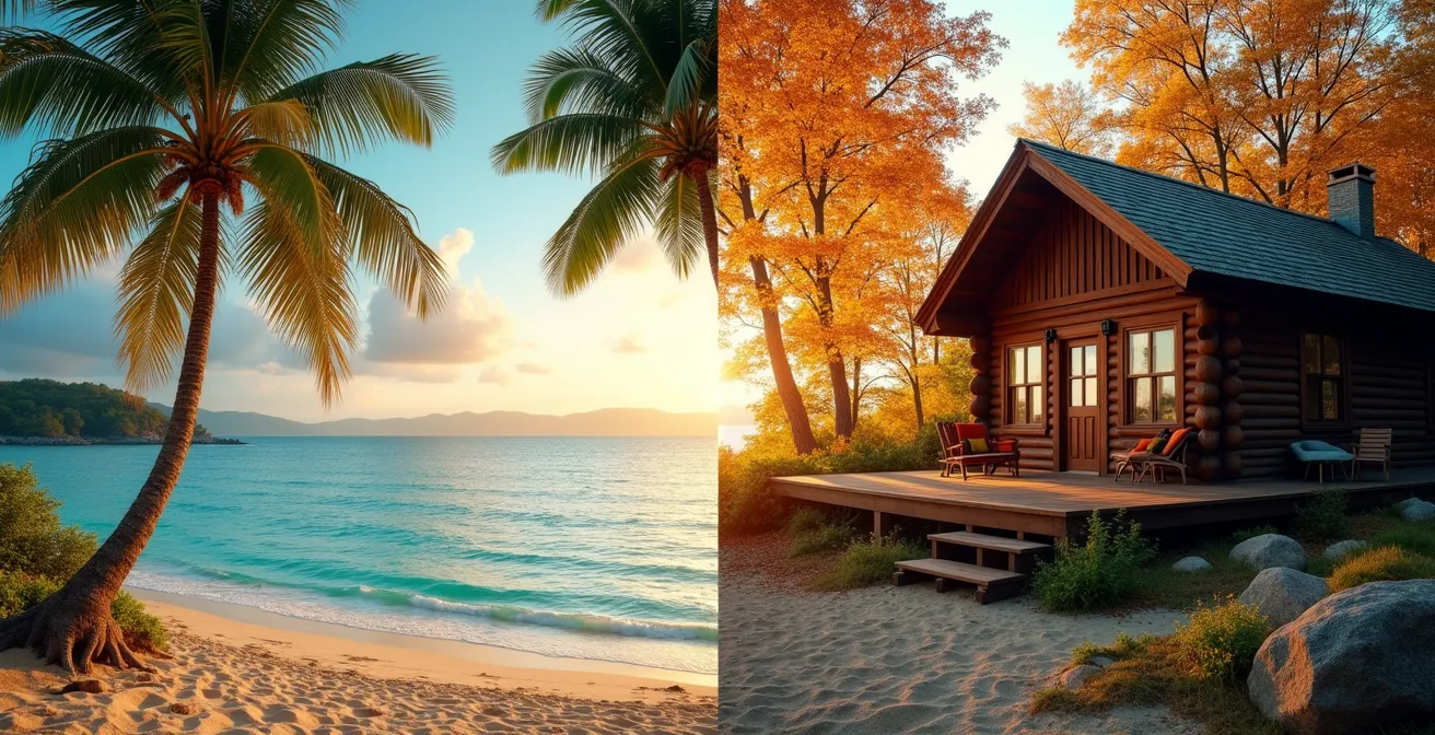 Composition split-screen montrant une plage tropicale et un chalet québécois en forêt