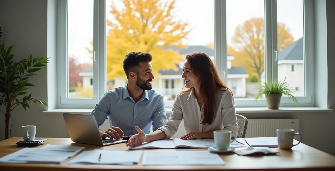 Un couple assis ensemble devant une table avec des documents financiers flous et un ordinateur portable fermé, dans une ambiance de discussion ouverte