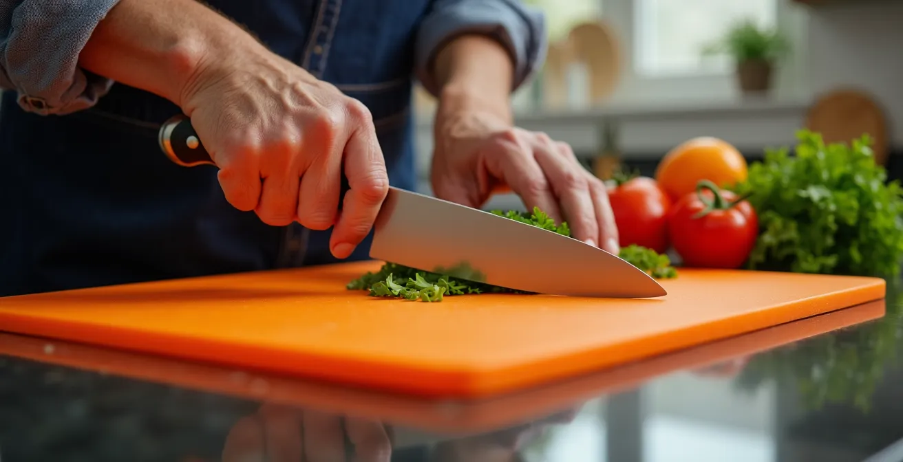 Cuisine lumineuse avec éclairage sous les armoires, planche à découper contrastée et détecteur de mouvement
