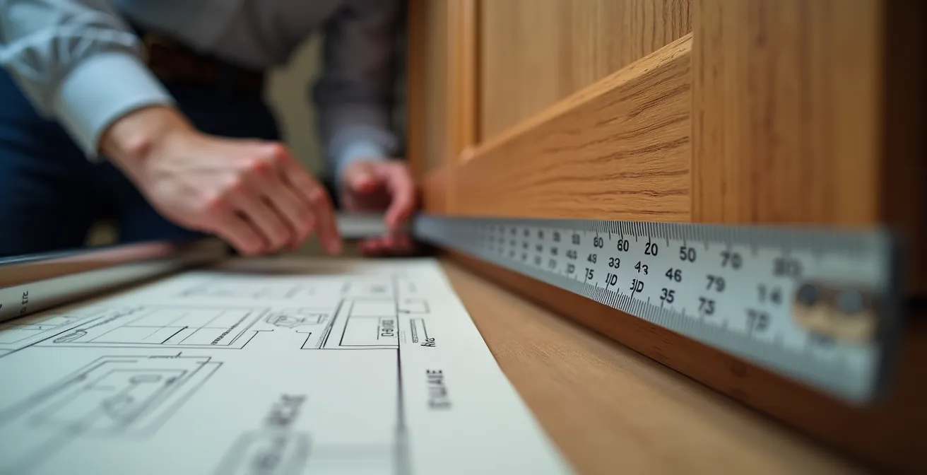 Gros plan sur des mains mesurant précisément l'espace pour un réfrigérateur encastré avec un ruban à mesurer professionnel