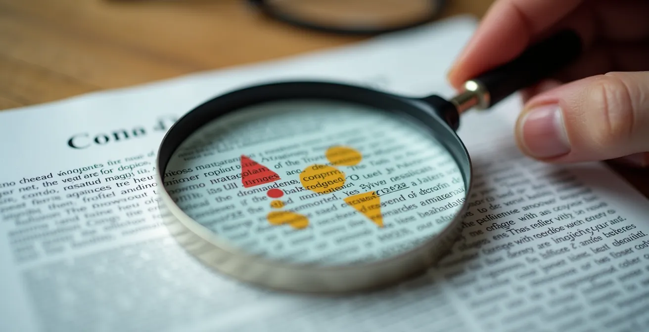 Main tenant une loupe au-dessus d'un document de déclaration de copropriété avec mise en évidence symbolique des zones importantes