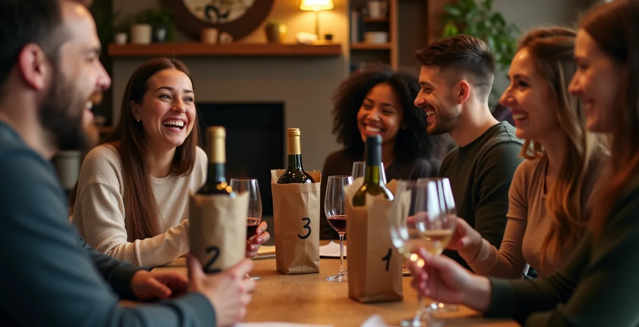 Groupe d'amis dégustant des vins à l'aveugle dans un salon chaleureux canadien avec bouteilles cachées dans des sacs en papier