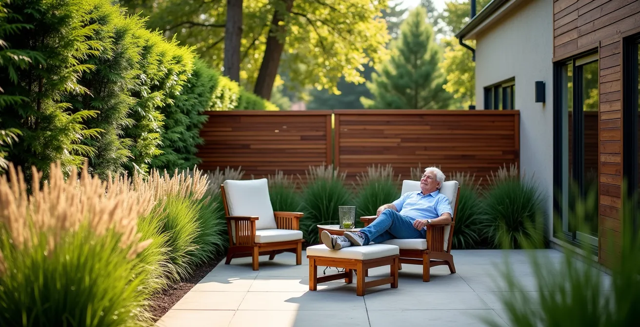 Aménagement paysager avec écran de verdure mixte créant une intimité immédiate dans une cour québécoise