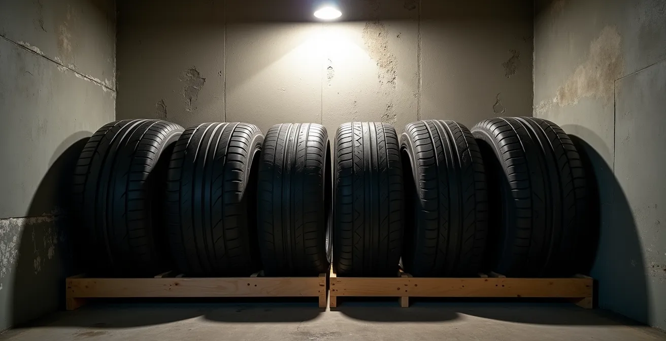 Pneus d'été correctement entreposés verticalement dans un sous-sol sec et sombre