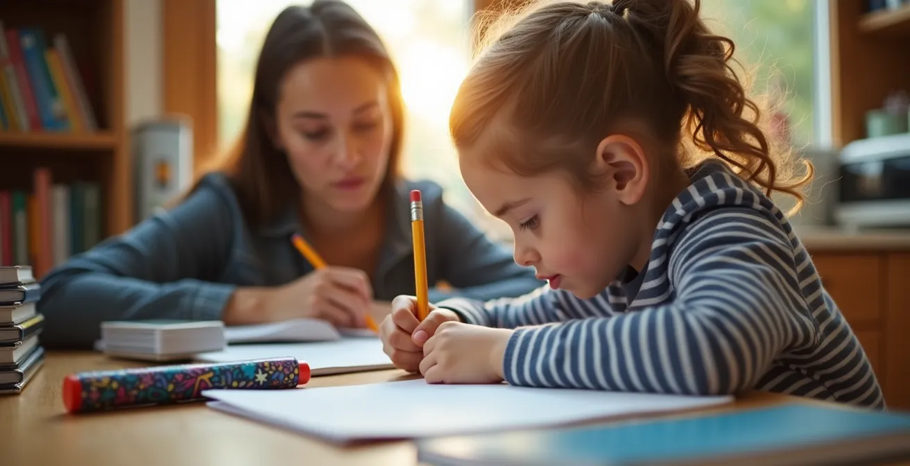 Enfant concentré faisant ses devoirs dans un espace lumineux et organisé avec parent en arrière-plan