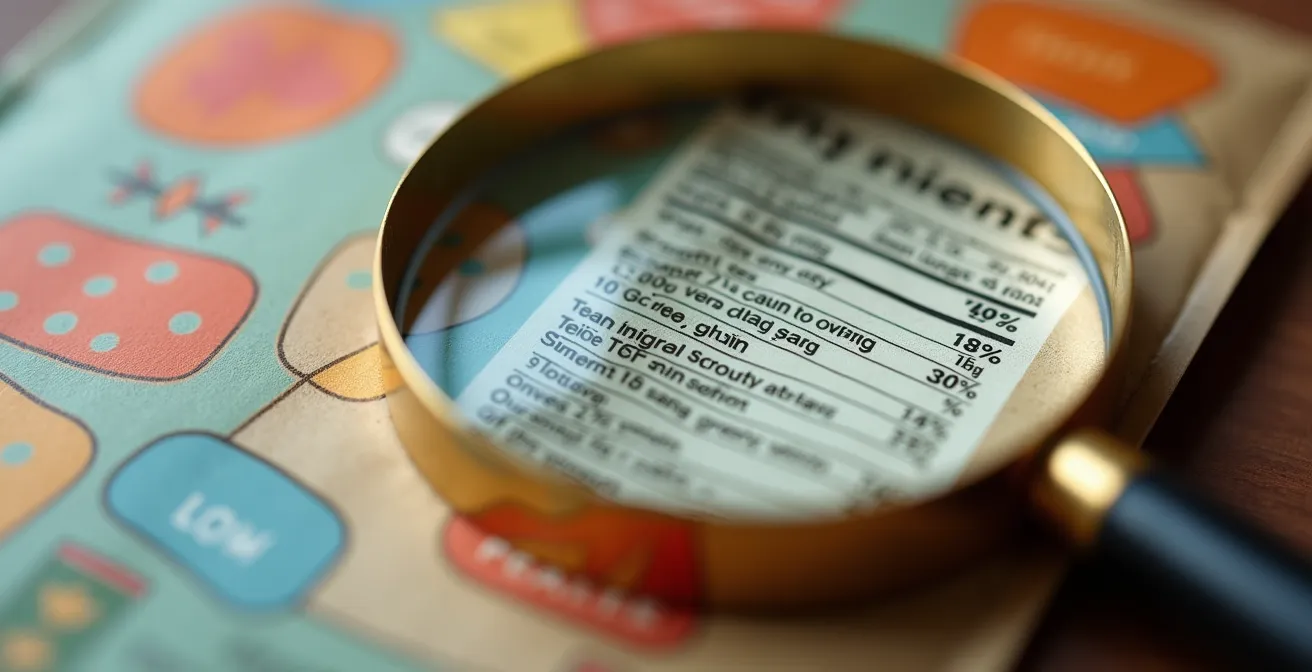 Loupe grossissant une étiquette nutritionnelle sur un produit alimentaire