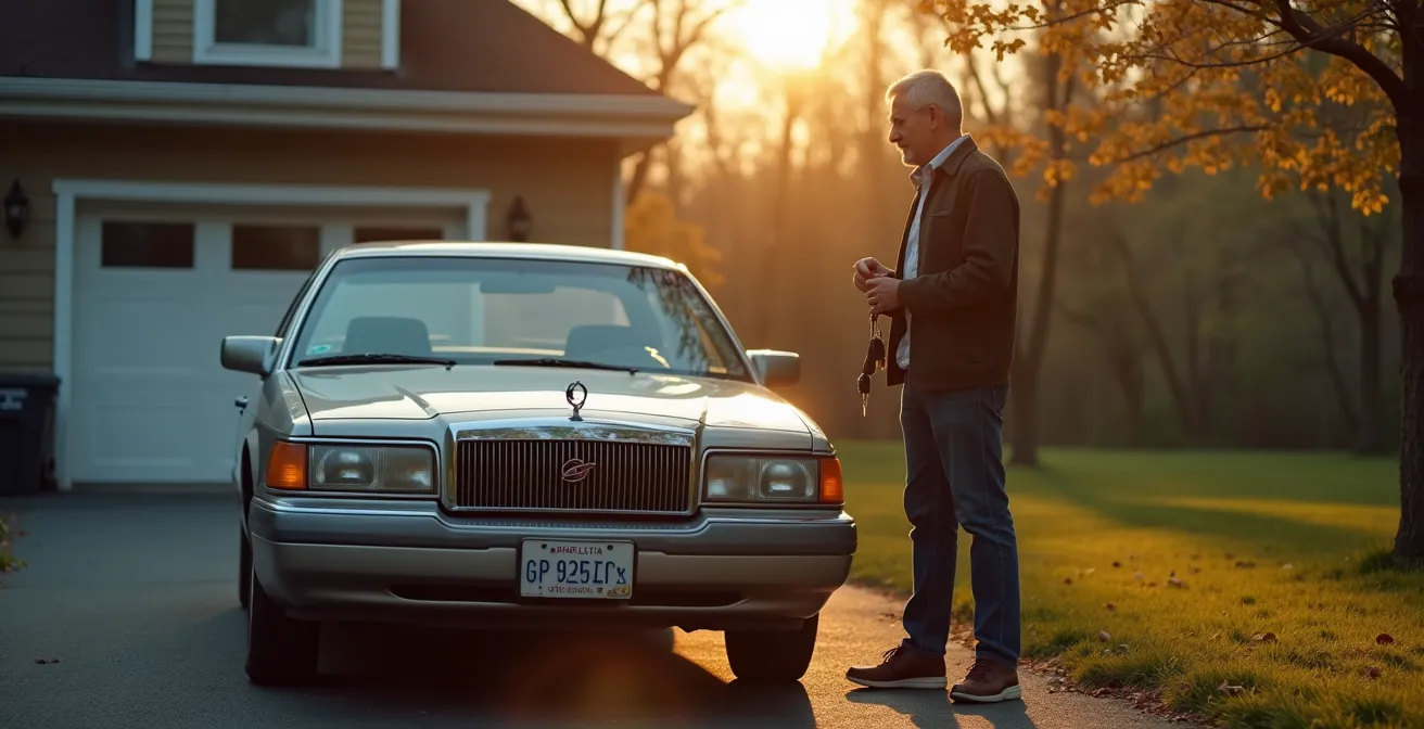 Propriétaire examinant sa voiture de 12 ans dans une allée résidentielle québécoise