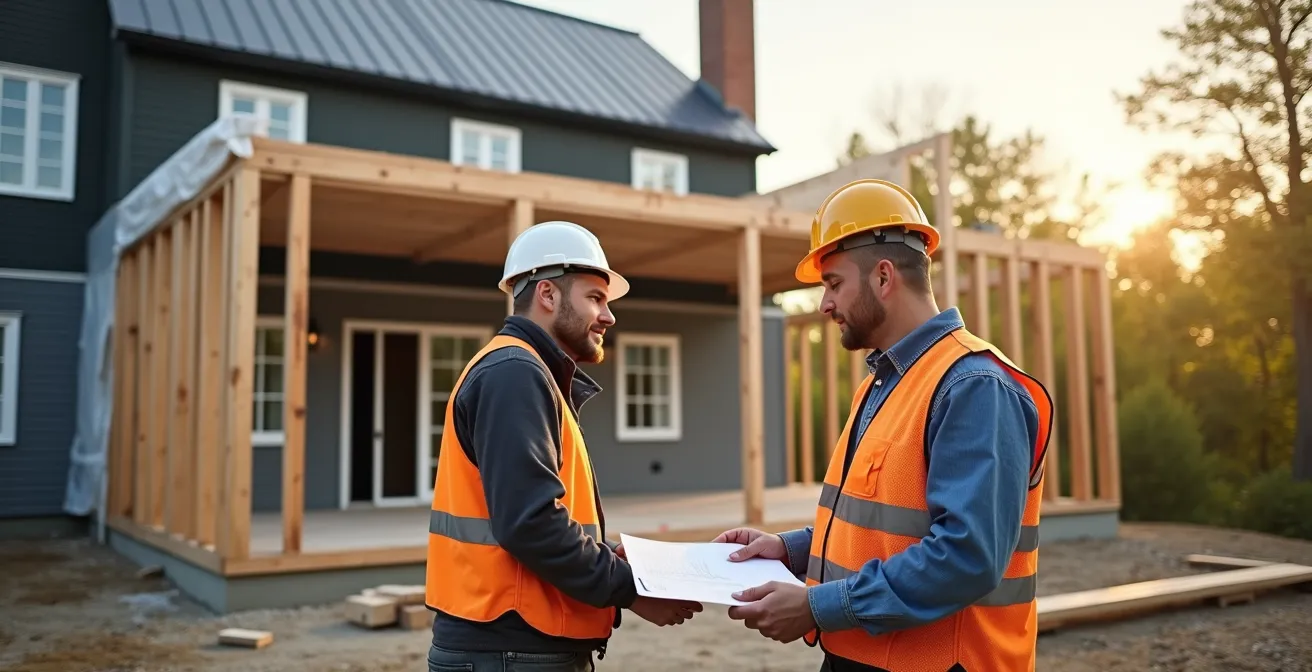 Vue aérienne d'une extension de maison en construction avec structure indépendante avant jonction