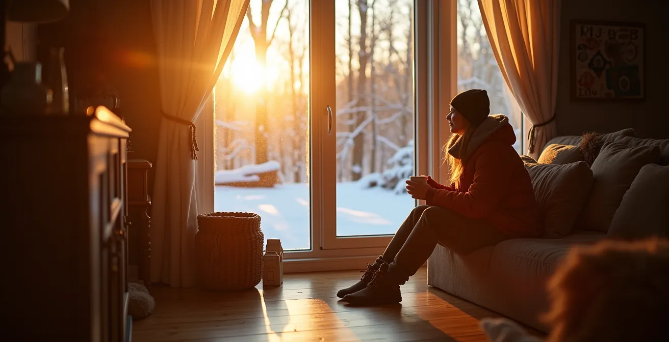 Intérieur québécois baigné de lumière naturelle hivernale à travers une grande fenêtre avec rideaux épais ouverts
