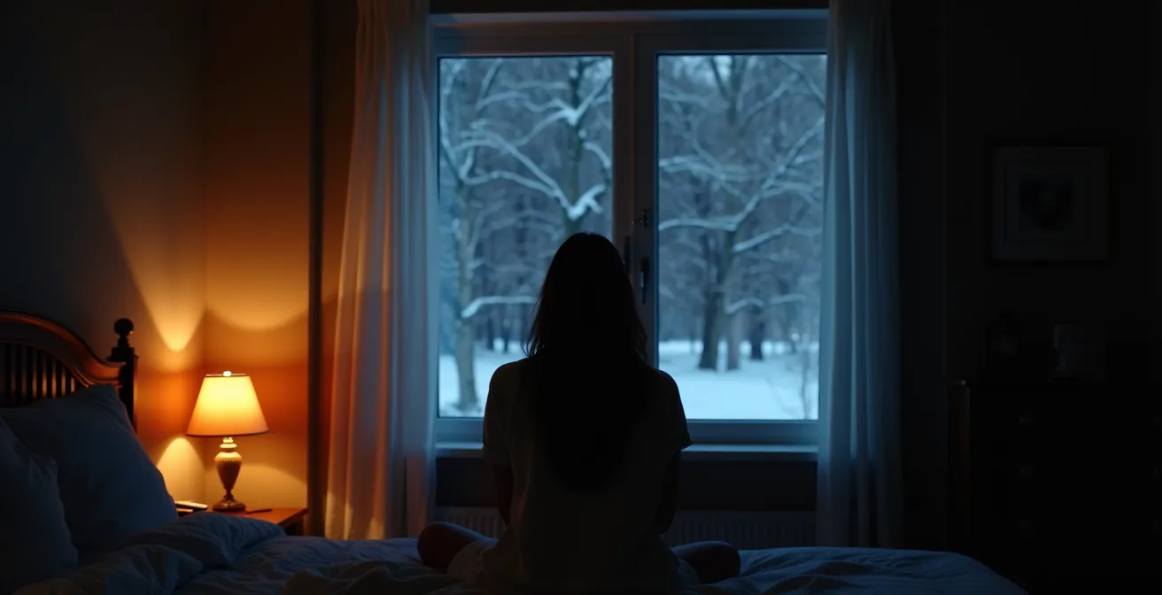 Personne dans une chambre sombre éclairée uniquement par une douce lumière ambiante, avec vue sur une fenêtre montrant un paysage hivernal nocturne