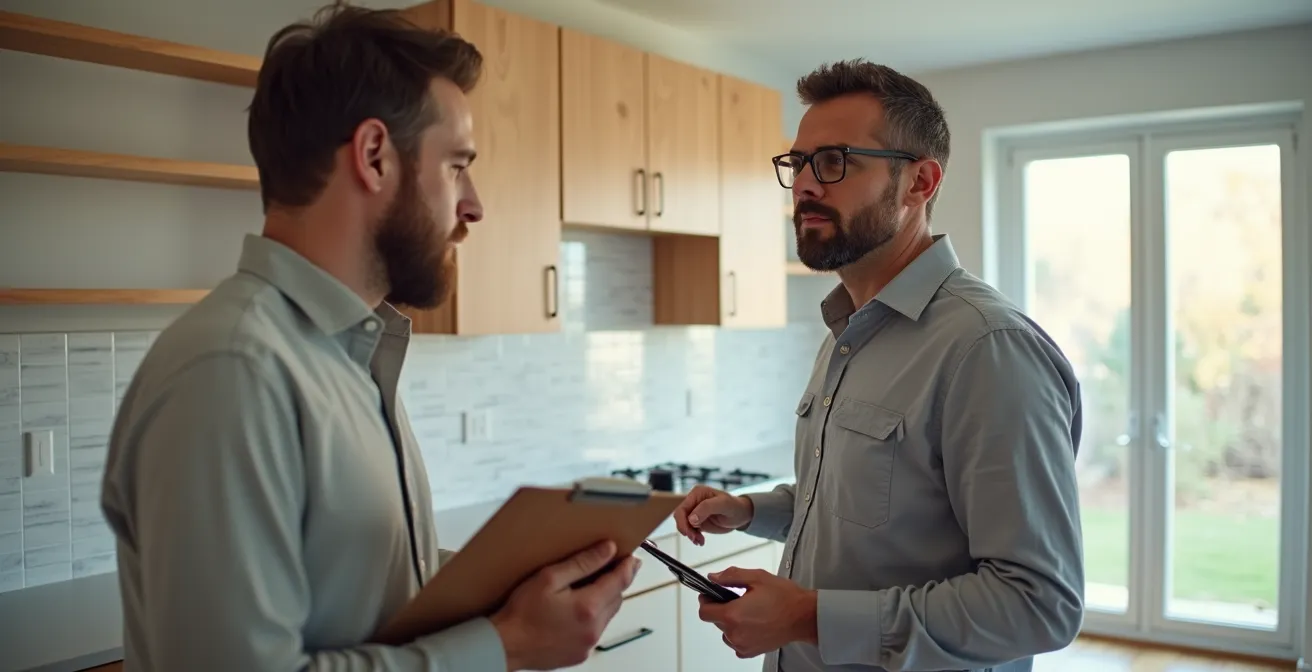 Inspecteur en bâtiment vérifiant les finitions d'une cuisine rénovée avec presse-papiers et niveau