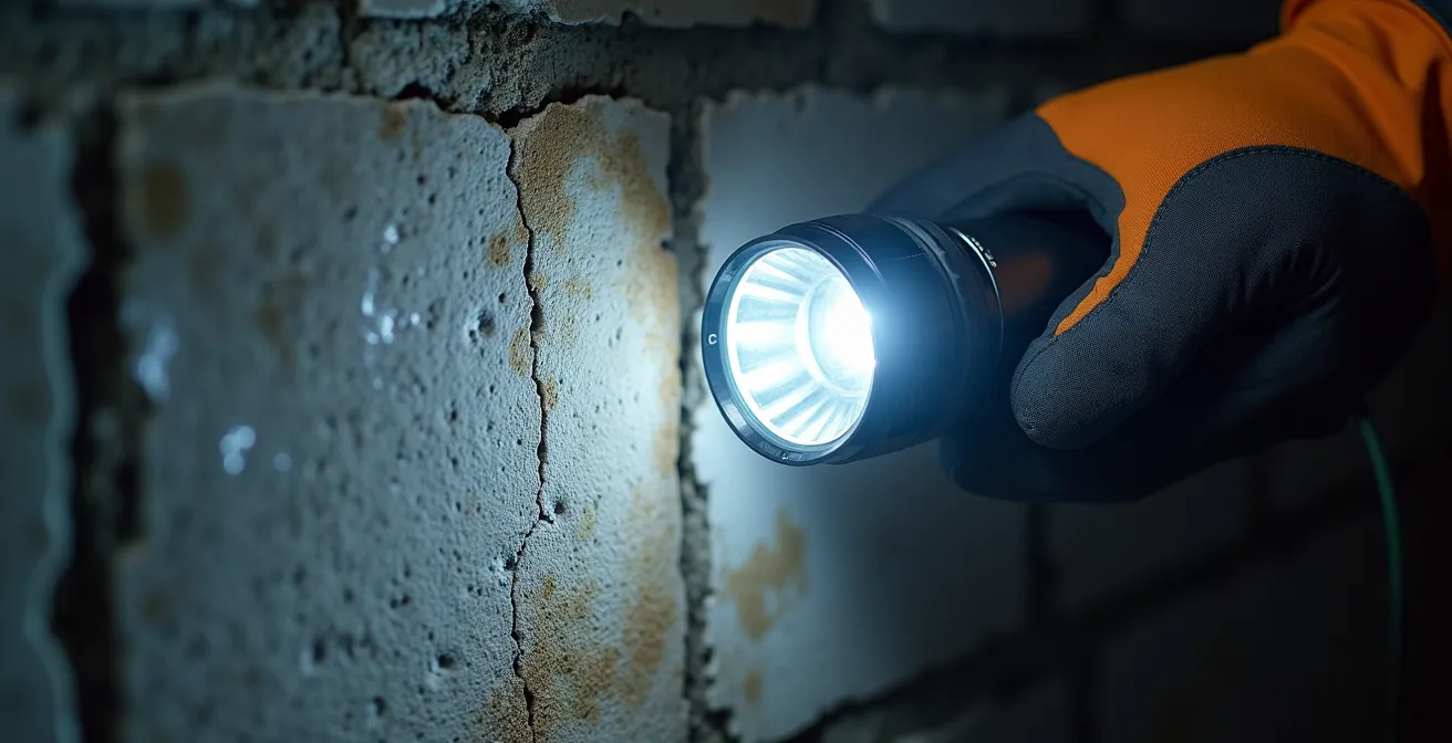 Inspecteur examinant les fondations d'un sous-sol québécois avec une lampe torche