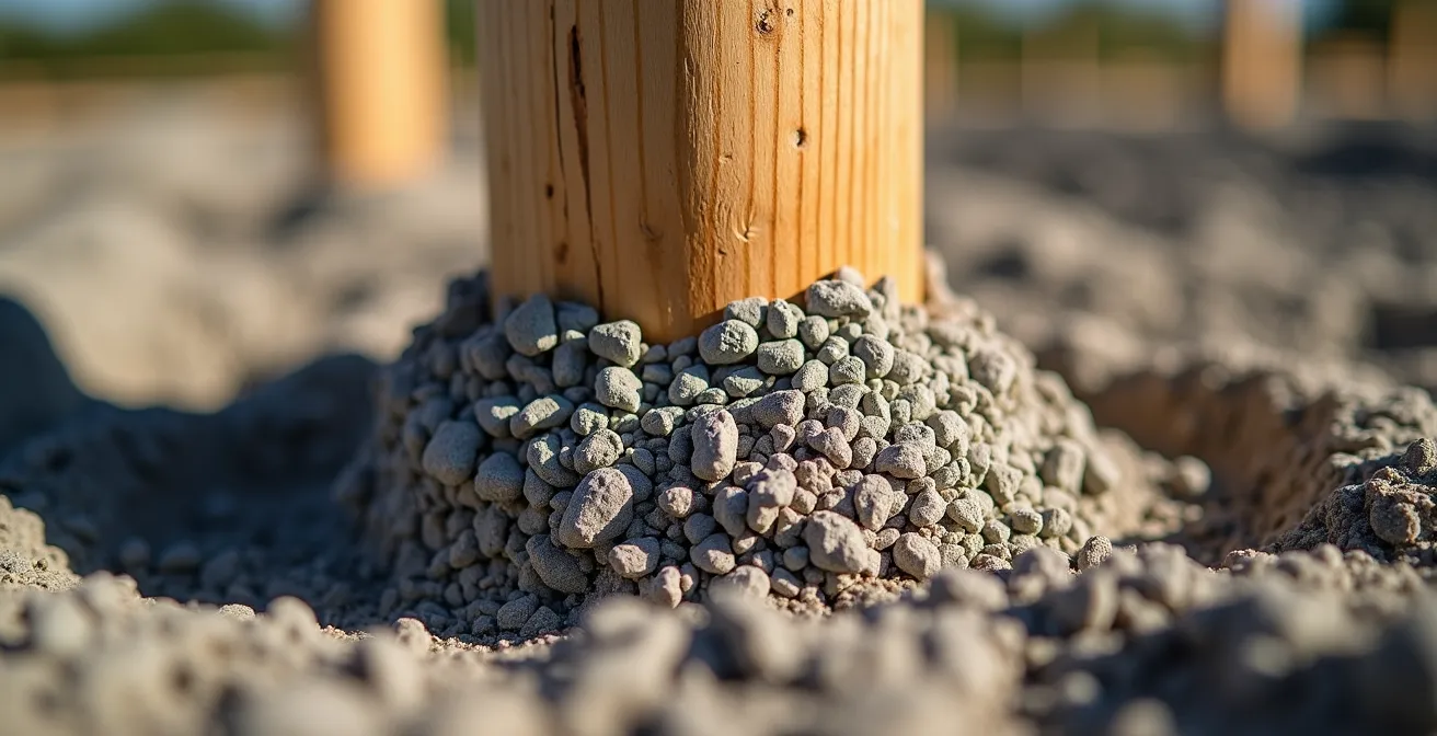 Installation d'un poteau de clôture dans un Sonotube avec béton et gravier drainant au Québec