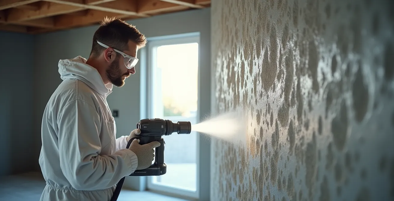 Application d'uréthane giclé sur un mur de fondation en béton dans un sous-sol canadien