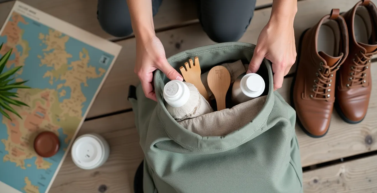 Ensemble d'accessoires de voyage zéro déchet disposés sur une surface en bois naturel