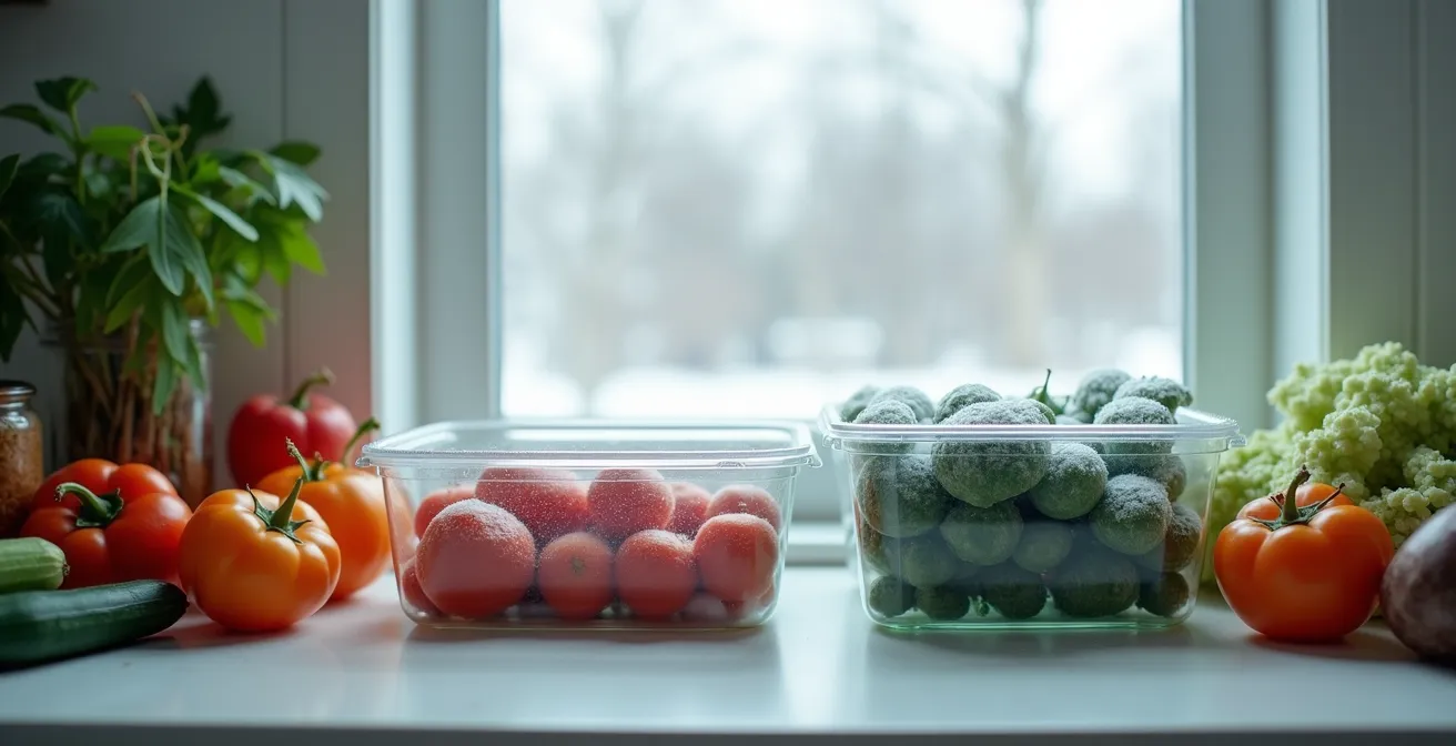 Comparaison visuelle entre légumes frais et surgelés disposés côte à côte