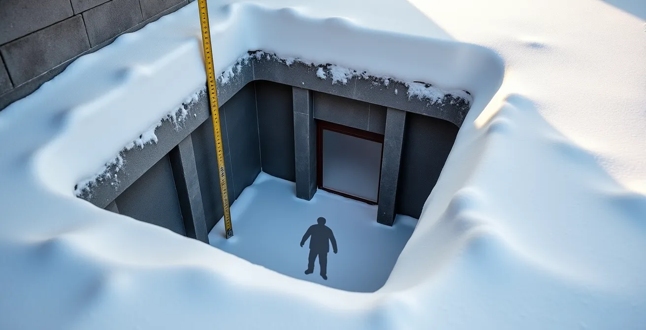 Vue en coupe d'une margelle de fenêtre de sous-sol montrant les dimensions non conformes et l'accumulation de neige