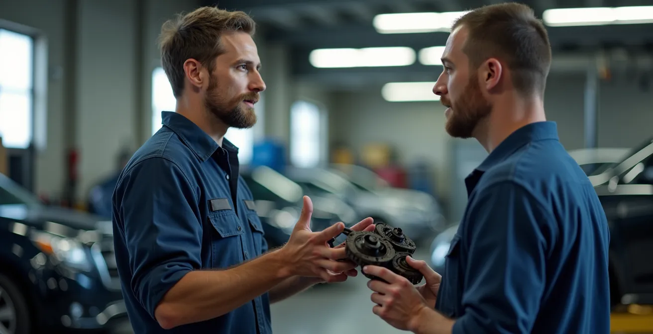 Mécanicien présentant des pièces automobiles usées à un client dans un garage éclairé