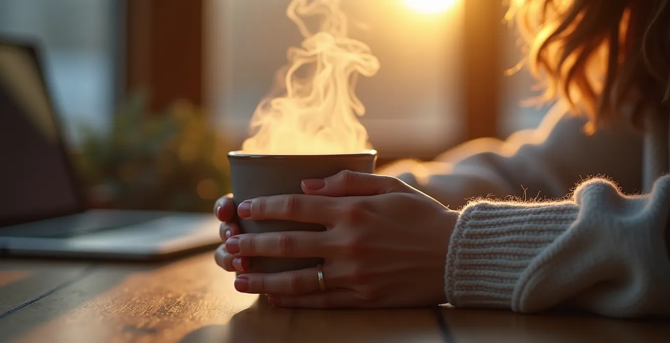 Parent prenant une pause méditative près d'une fenêtre durant le télétravail