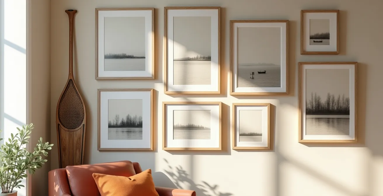 Mur de salon avec arrangement équilibré de cadres et objets décoratifs canadiens