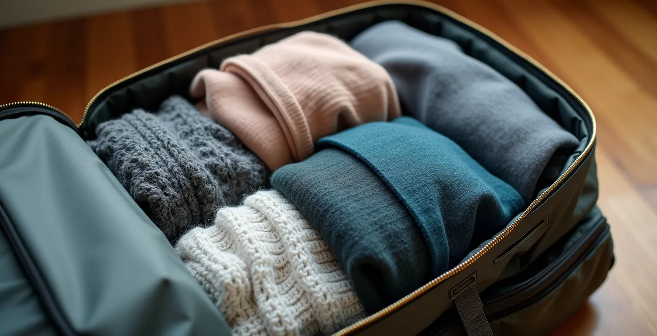 Vue aérienne d'un sac à dos ouvert avec vêtements organisés en cubes de rangement