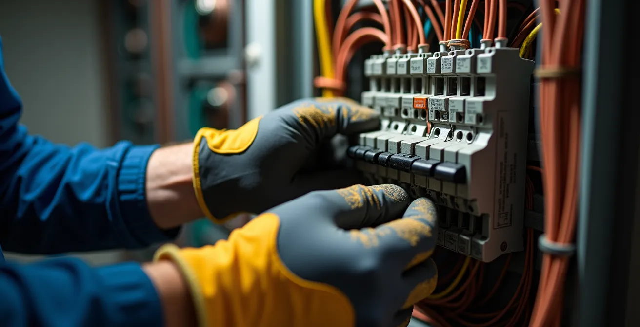 Électricien installant des disjoncteurs DDAF dans un panneau électrique résidentiel