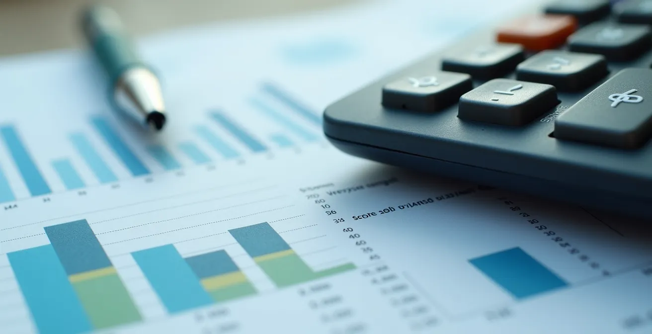 Gros plan sur calculatrice et documents financiers avec graphiques de croissance