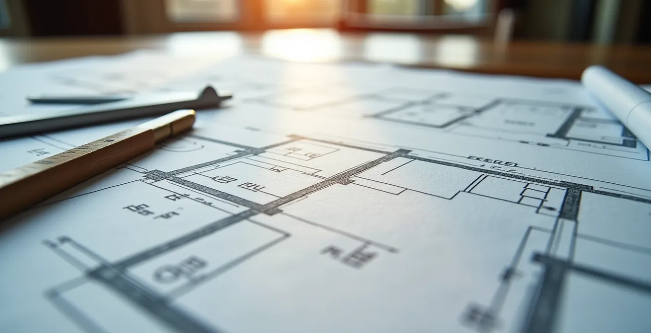 Plans d'agrandissement de maison étalés sur un bureau avec instruments de mesure professionnels